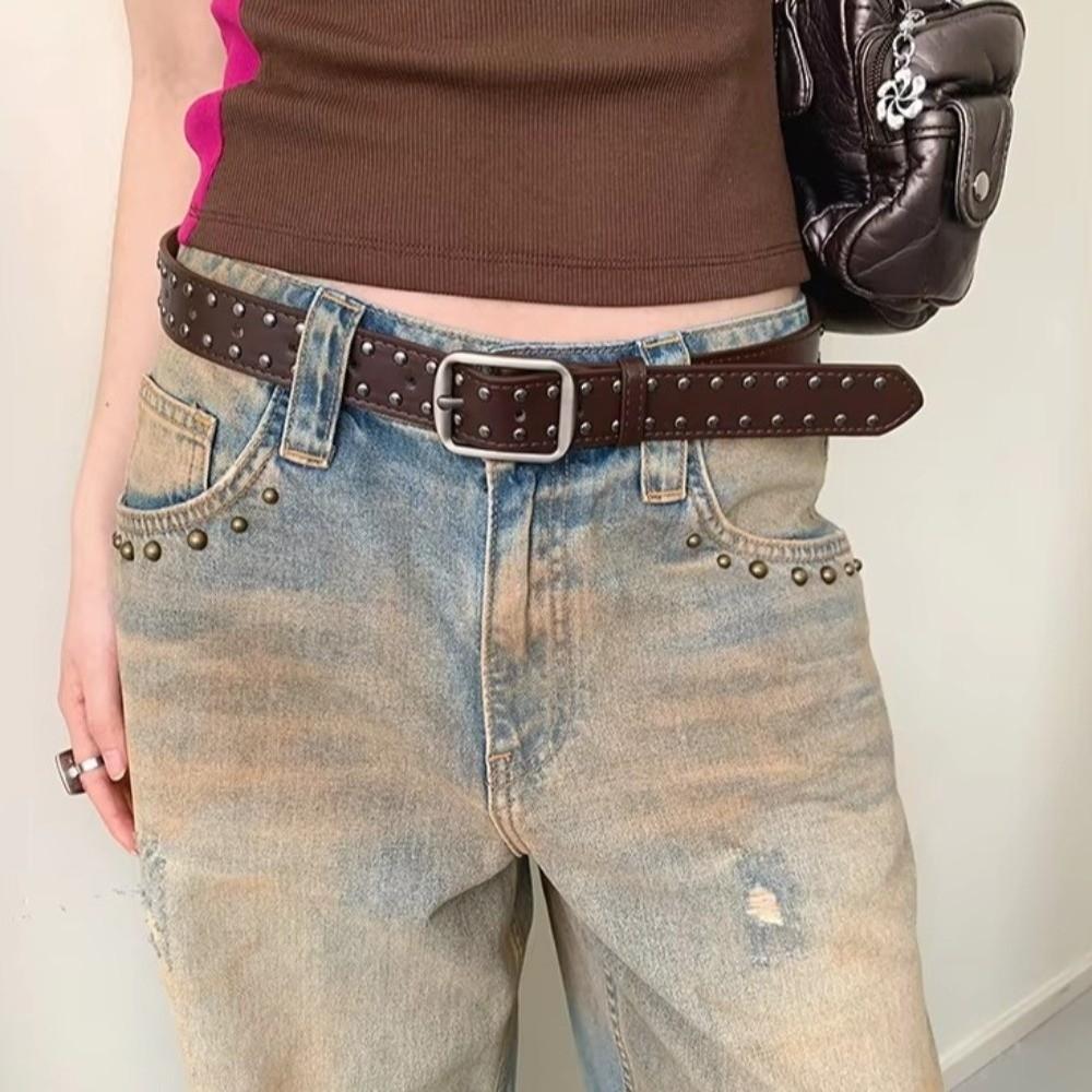 Pin Buckle Suede Belt Rivet Design Pin Buckle Belt Versatile Leather Belt  For Women