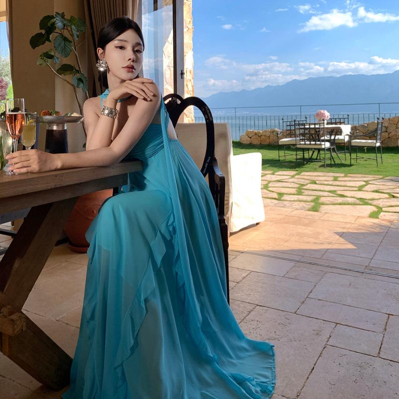 Muse Fan Seaside Vacation Dress Travel Photo Ruffle Edge Suspender Skirt Blue Streamer Backless Beach Dress