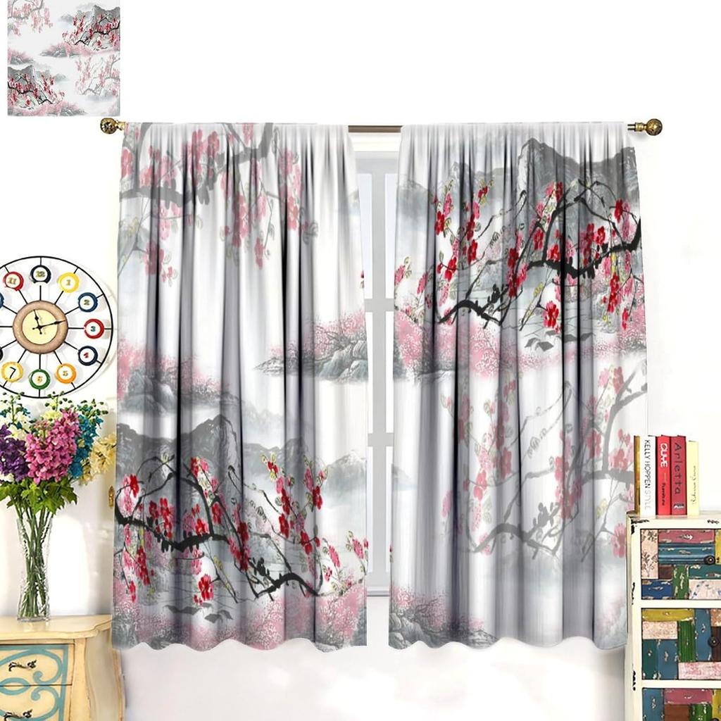 Asian Cherry Blossom Curtains   Retro Simple Red Japanese Ink Landscape Plum Blossom Window Treatments Drapes for Girls Living Ro