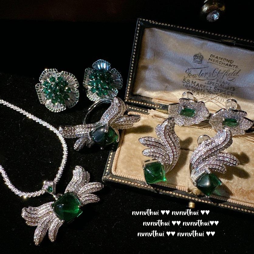 ** Comet, Mojito Emerald Earrings, Sotheby'S, 18K Gold Plated, Malachite Green Flower Zircon Necklace