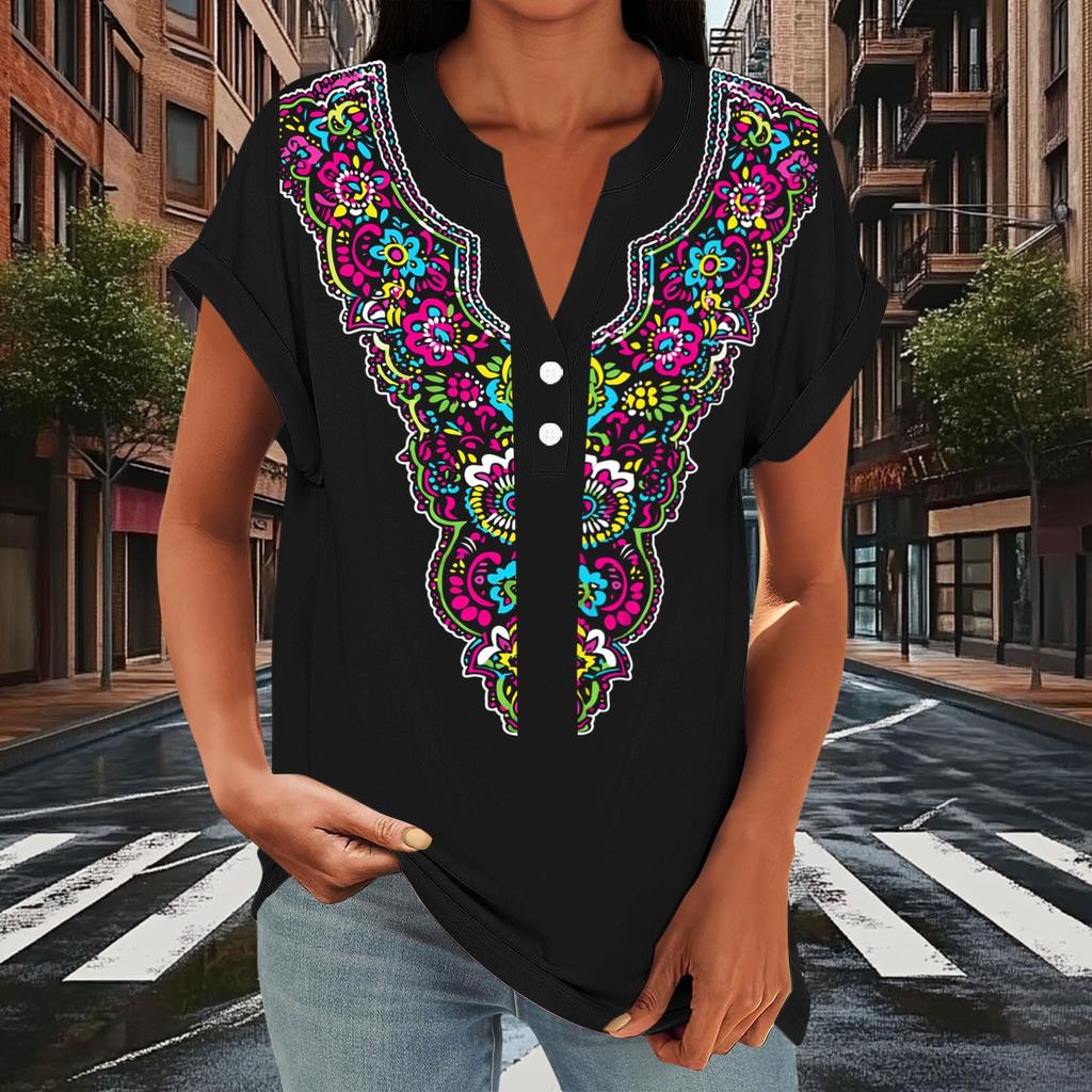 Women's Casual Loose Fit Short Sleeve Button V Neck Floral Print T Shirt Top Lightweight Comfortable Summer Blouse