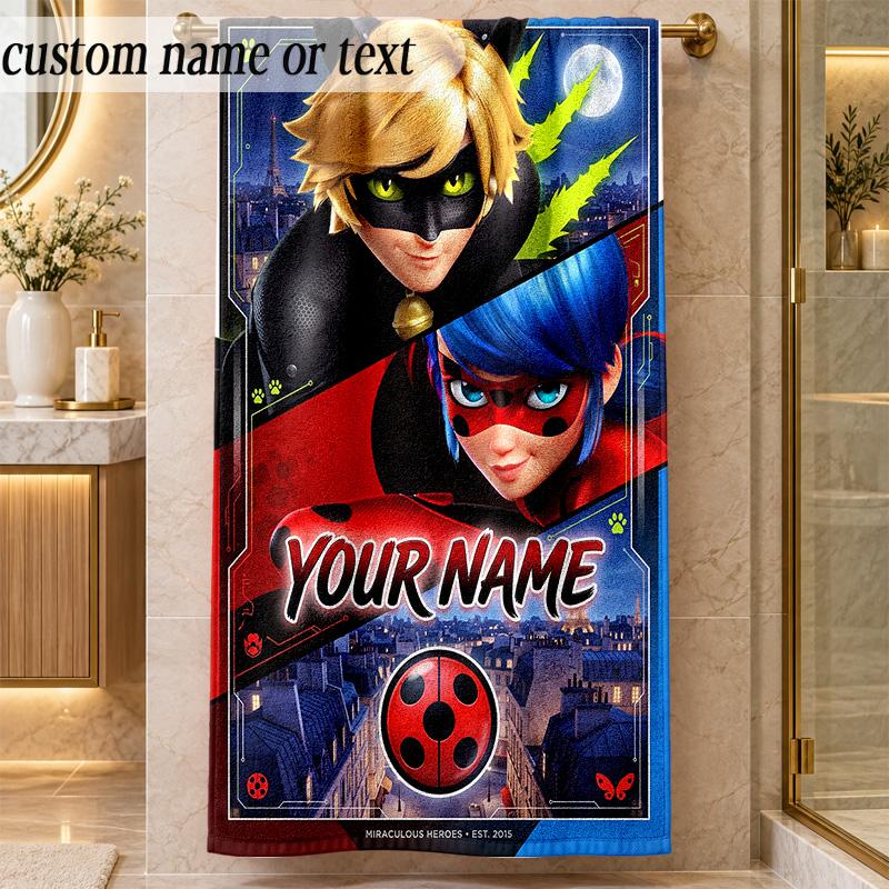 Beach TowelMiraculous Ladybug Custom Name Text Personalized Soft Towel for Beach Pool Indoor Home Decor Gift