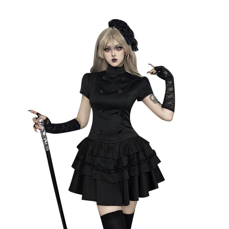 Black Gothic High Neck Slim Fit Short Dress Halloween Party Streetwear Teen Girl