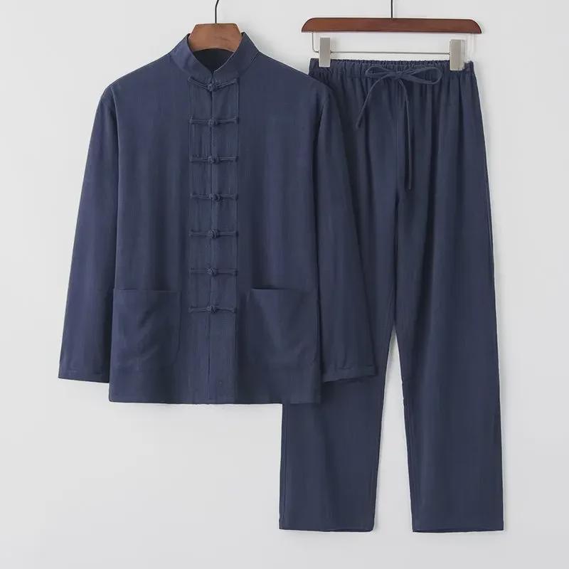 Men's Cotton Linen Tang Suit - Long-Sleeve Retro Chinese Buttoned Attire for Middle-Aged & Elderly, Loose Tai Chi Style