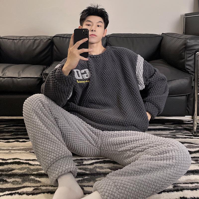 Men's pajamas coral fleece autumn and winter warm home leisure suits can be worn outside plush loungewear men's
