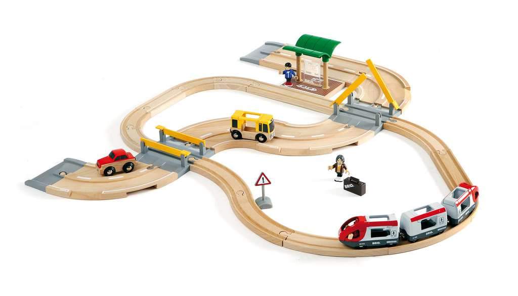 BRIO WORLD Rail & Road Travel Set [33-Piece Set] for Ages 3+ (Wooden Train with Rails) 33209