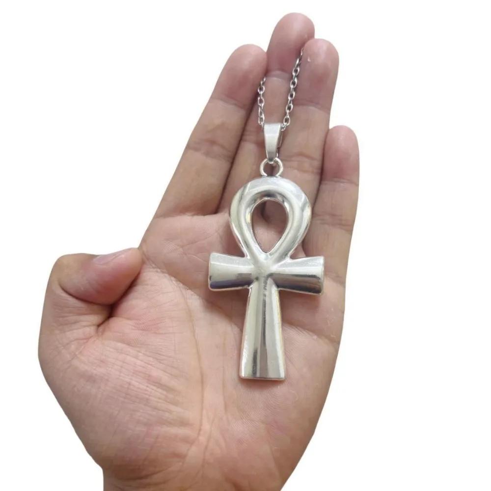 Retro Sliver Color Ancient Egyptian Symbol of Life Ankh Cross 80x42mm Large Pendant Necklace for Women Men Halloween Jewelry