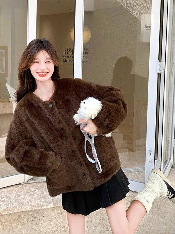 Korean Retro Mink Velvet Fur One-Piece Coat - Women's Winter Loose Slimming Thickened Style