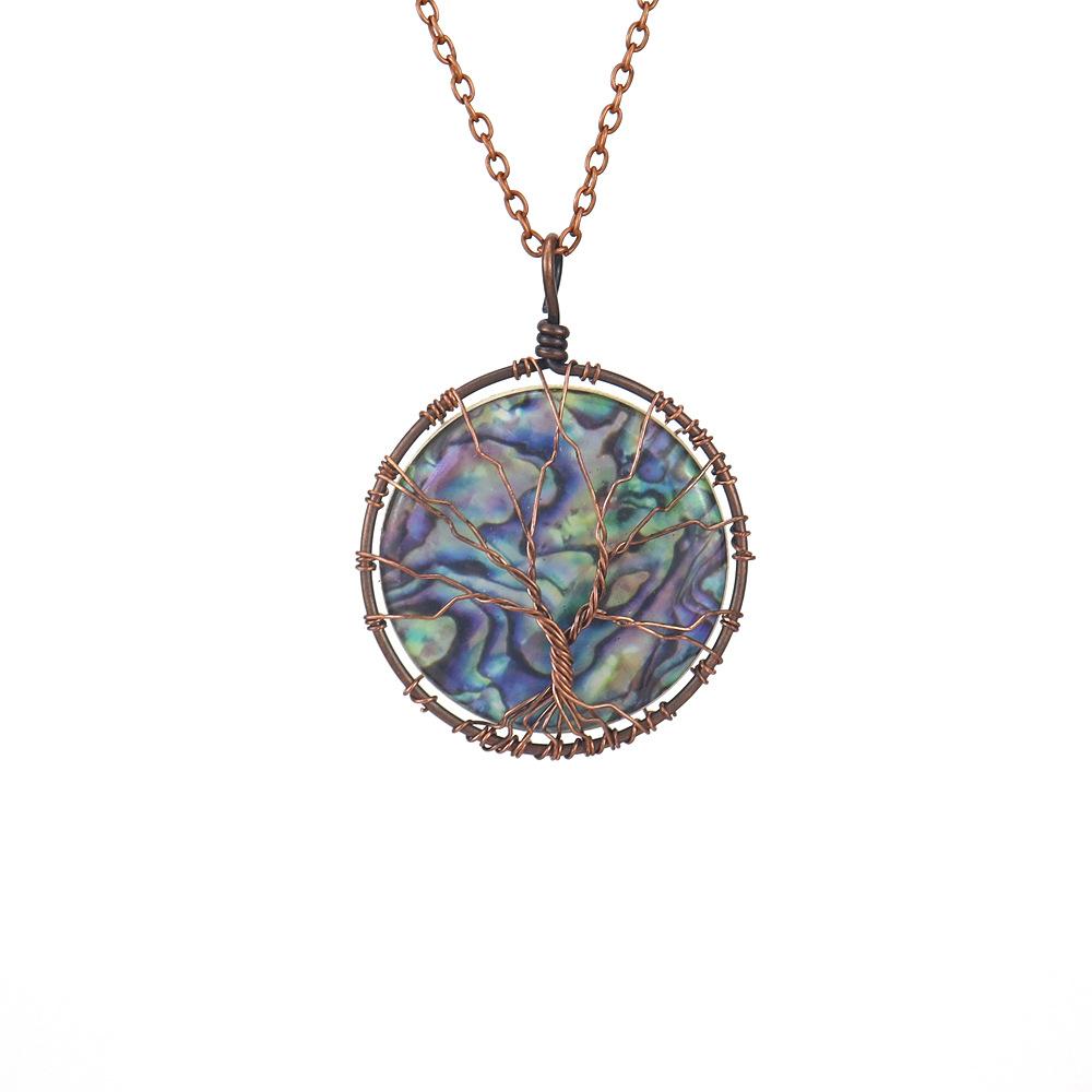 Synthetic Abalone Shell Tree Of Life Disc Pendant Necklace Fortune Tree Silk Round Necklace N616