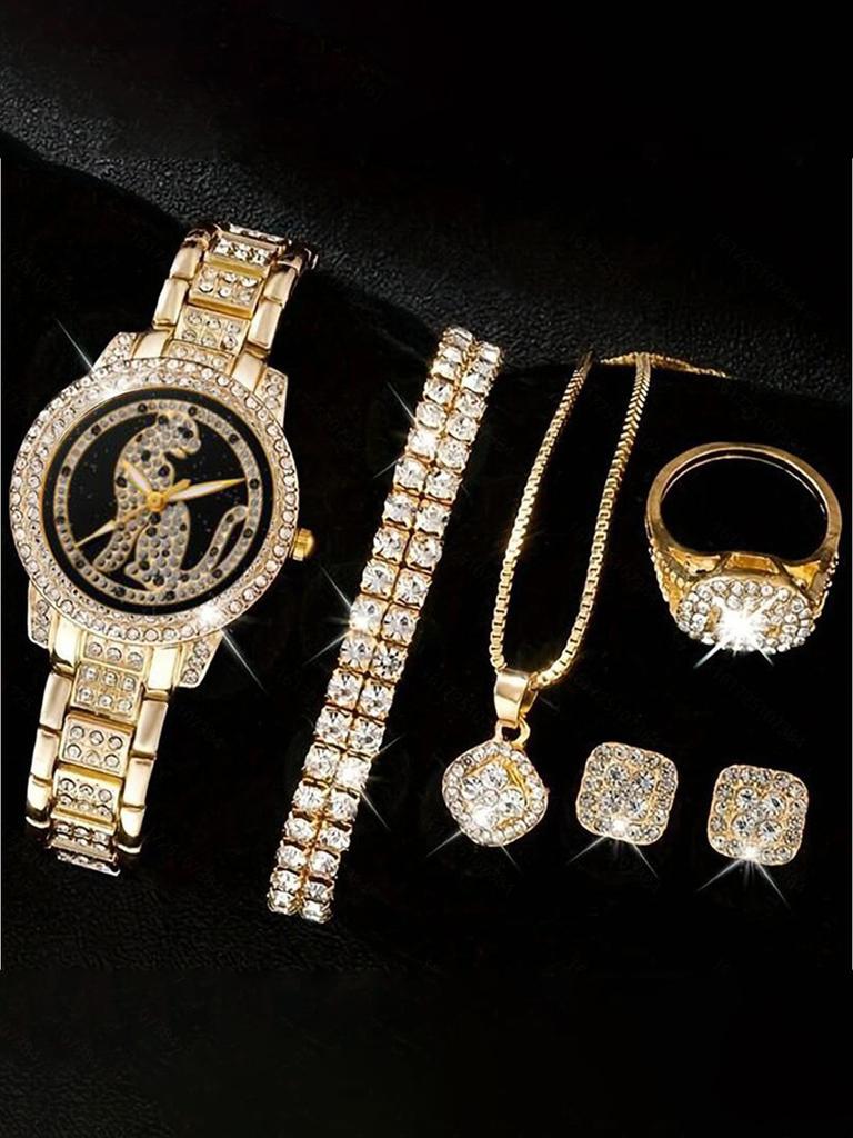 Fashion Light Luxury High-end Sense Diamond Set Steel Belt Large Disc Women's Quartz Watch Set 6 Pieces Set, Suitable for Christ