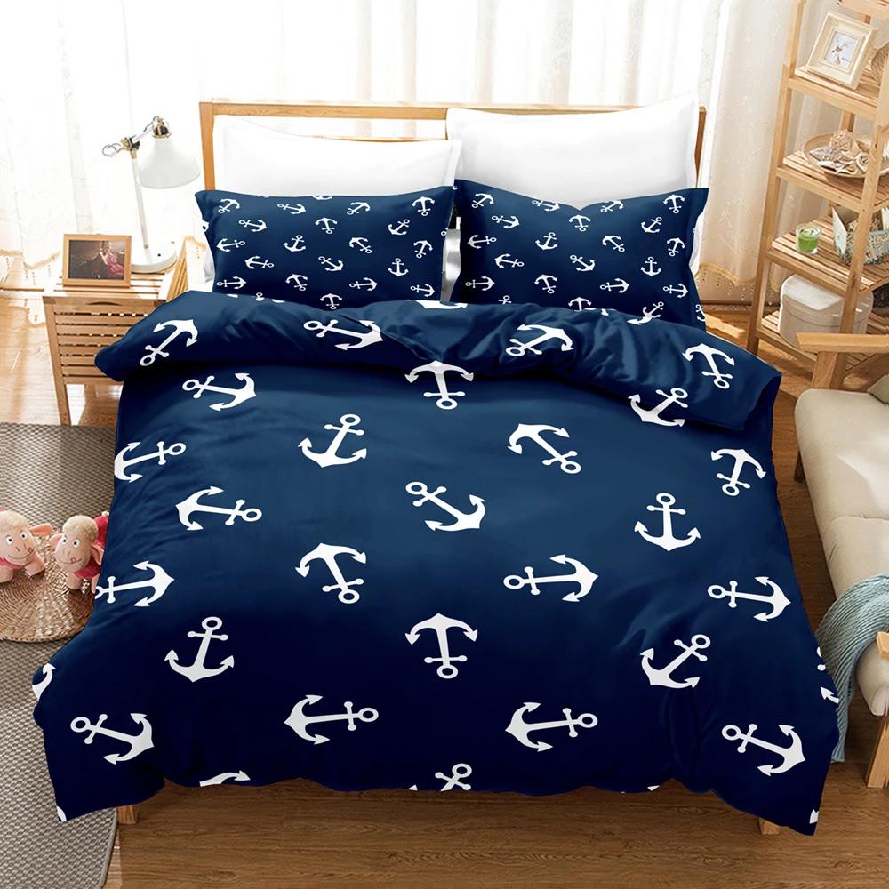 Anchor Duvet Cover Set,Nautical Pattern Classic Colors And Anchors Simplistic Design Sailor Ship Print Bedding Set Queen Size