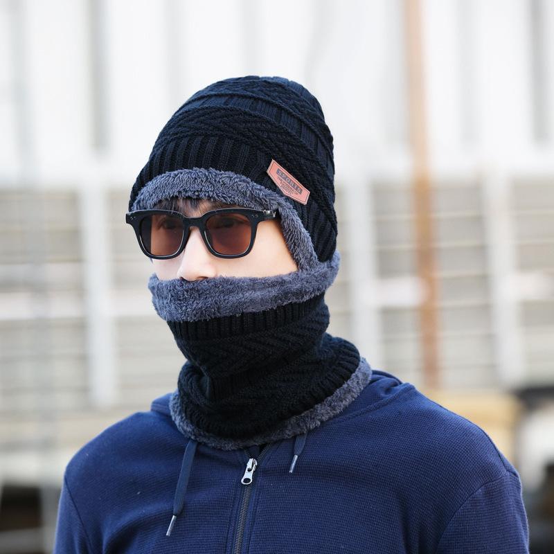 Autumn and winter wool hat, two-piece set for men and women, piled and thickened cycling, windproof, cold-proof and warm, knitted labeling scarf hat