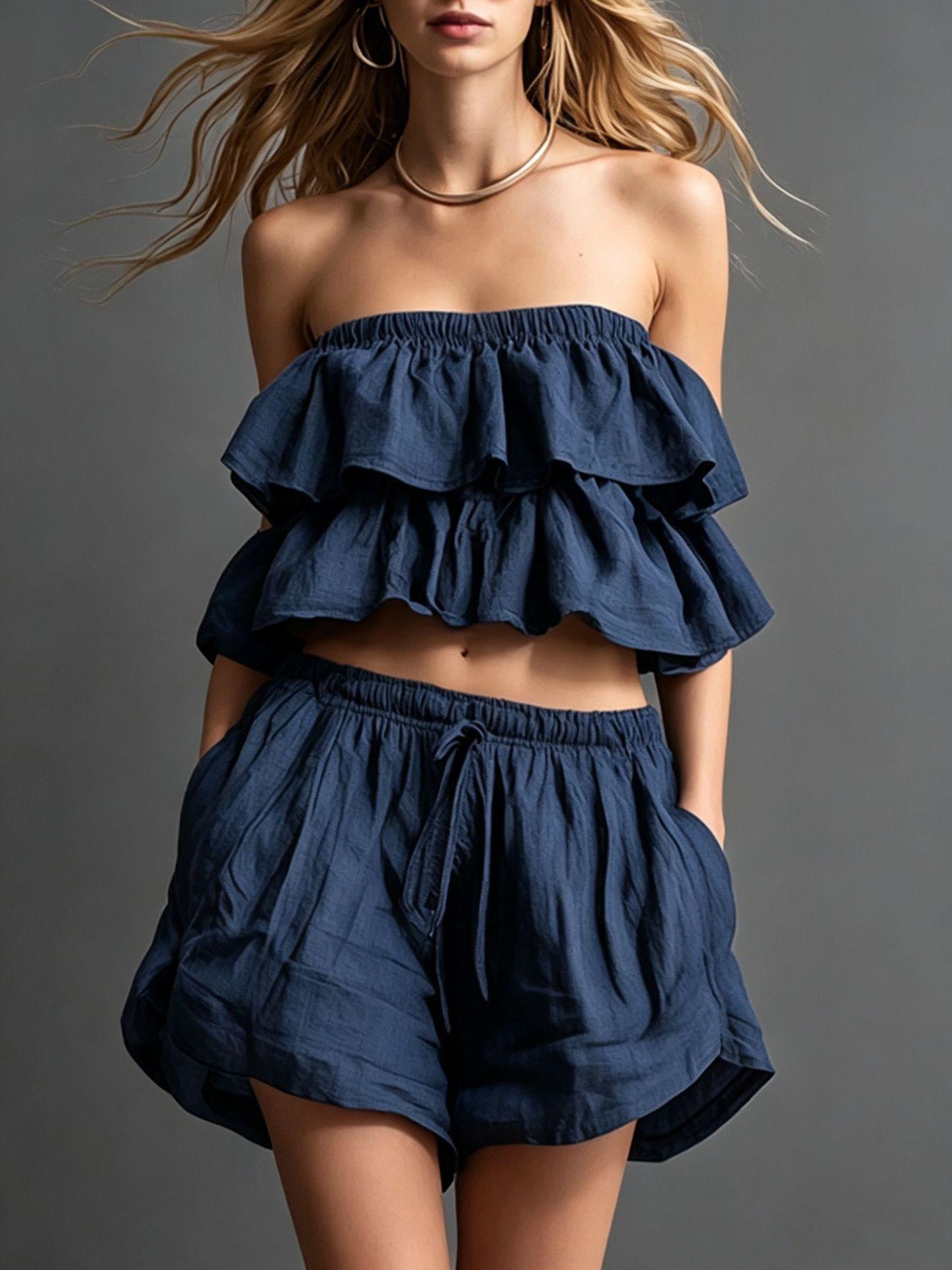 2026 Amazon European and American cross-border summer women s clothing new casual cotton and linen ruffle edge strapless shorts set S тёмно-синий