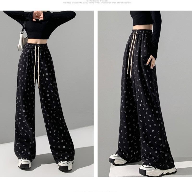 Smiley face print wide-leg pants women's spring and autumn high waist drooping feeling thin lazy wind sports straight casual pants