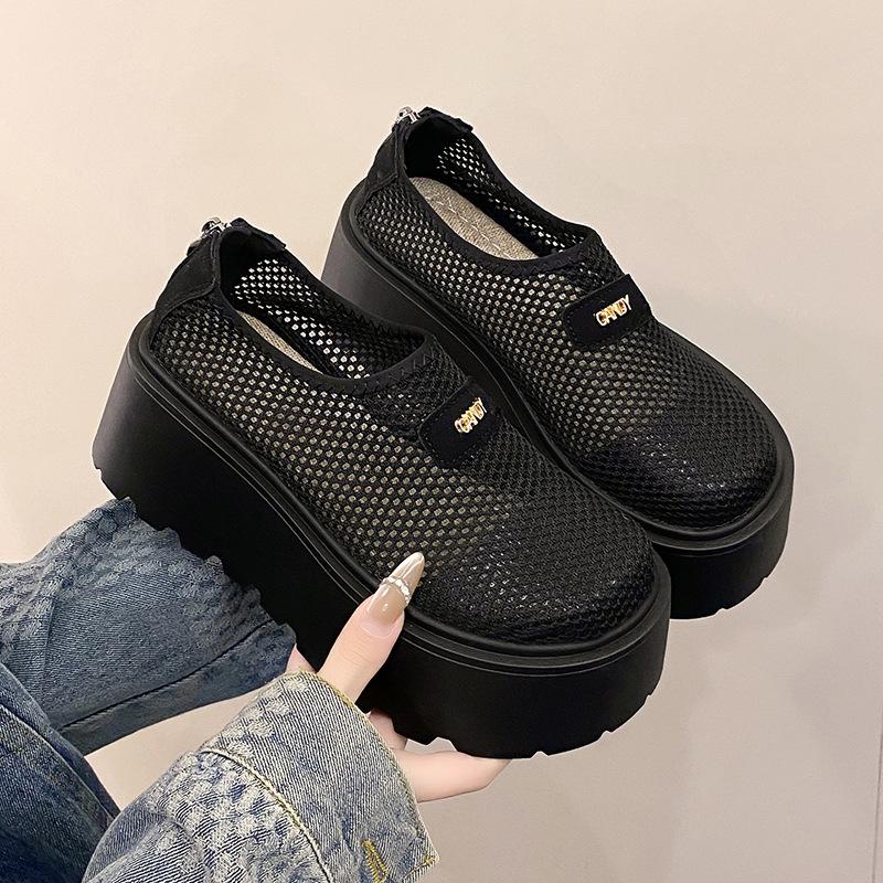 Thick-bottomed bag head half slippers women's 2025 new summer outer wear mesh hollowed out small height-increasing muffin slippers