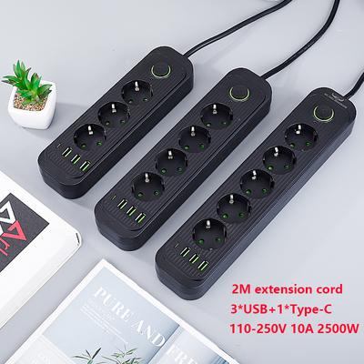 Regleta de enchufes UE con toma de corriente CA de 3/4/5 pulgadas, múltiples enchufes, cable de extensión de 2 m, toma de corriente con 3 puertos USB, filtro de red de 2500 W.