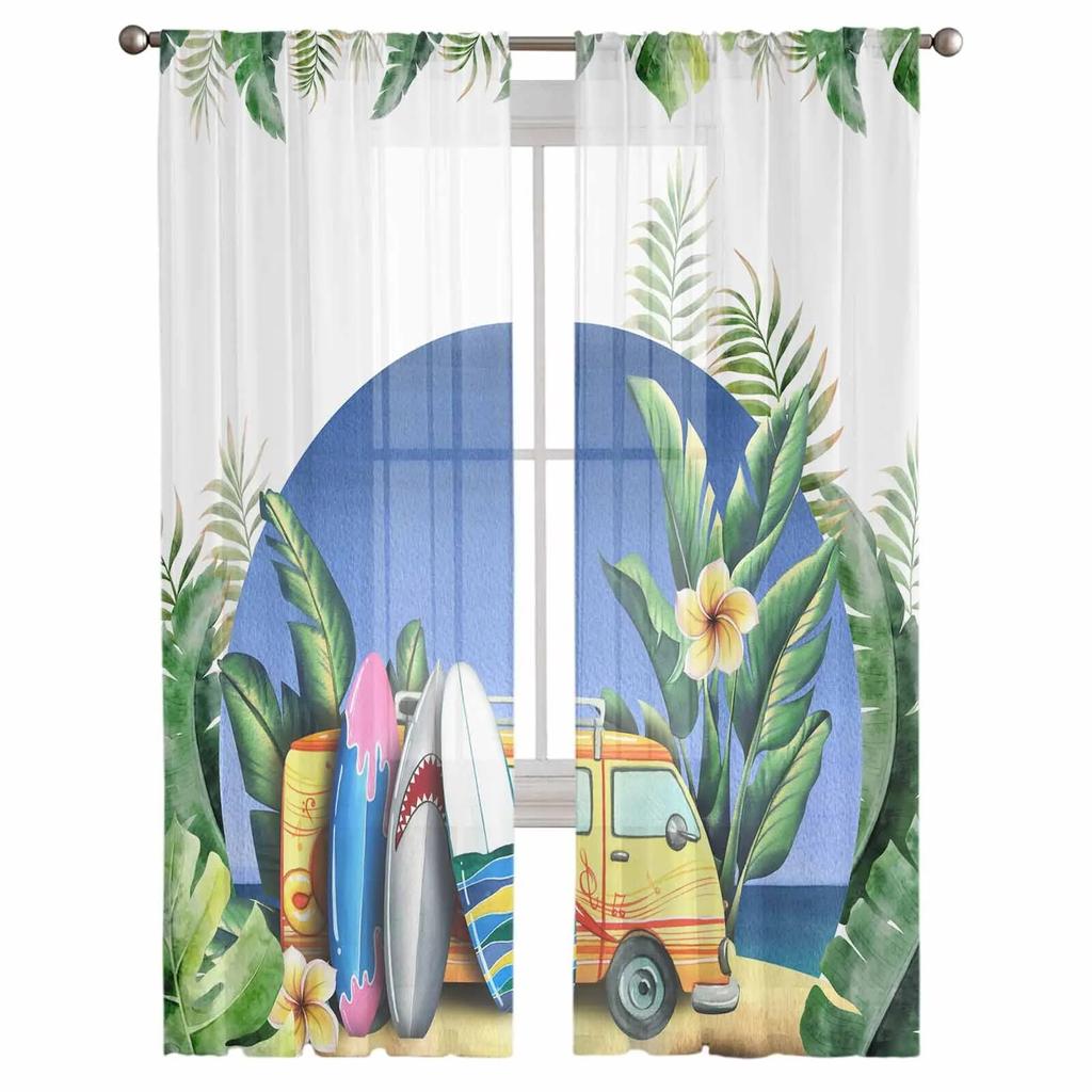 Strandbus tropische Blätter Sommer durchsichtige Vorhänge für Wohnzimmer Küche Fenster Vorhänge Schlafzimmer Tüll Voile Vorhänge