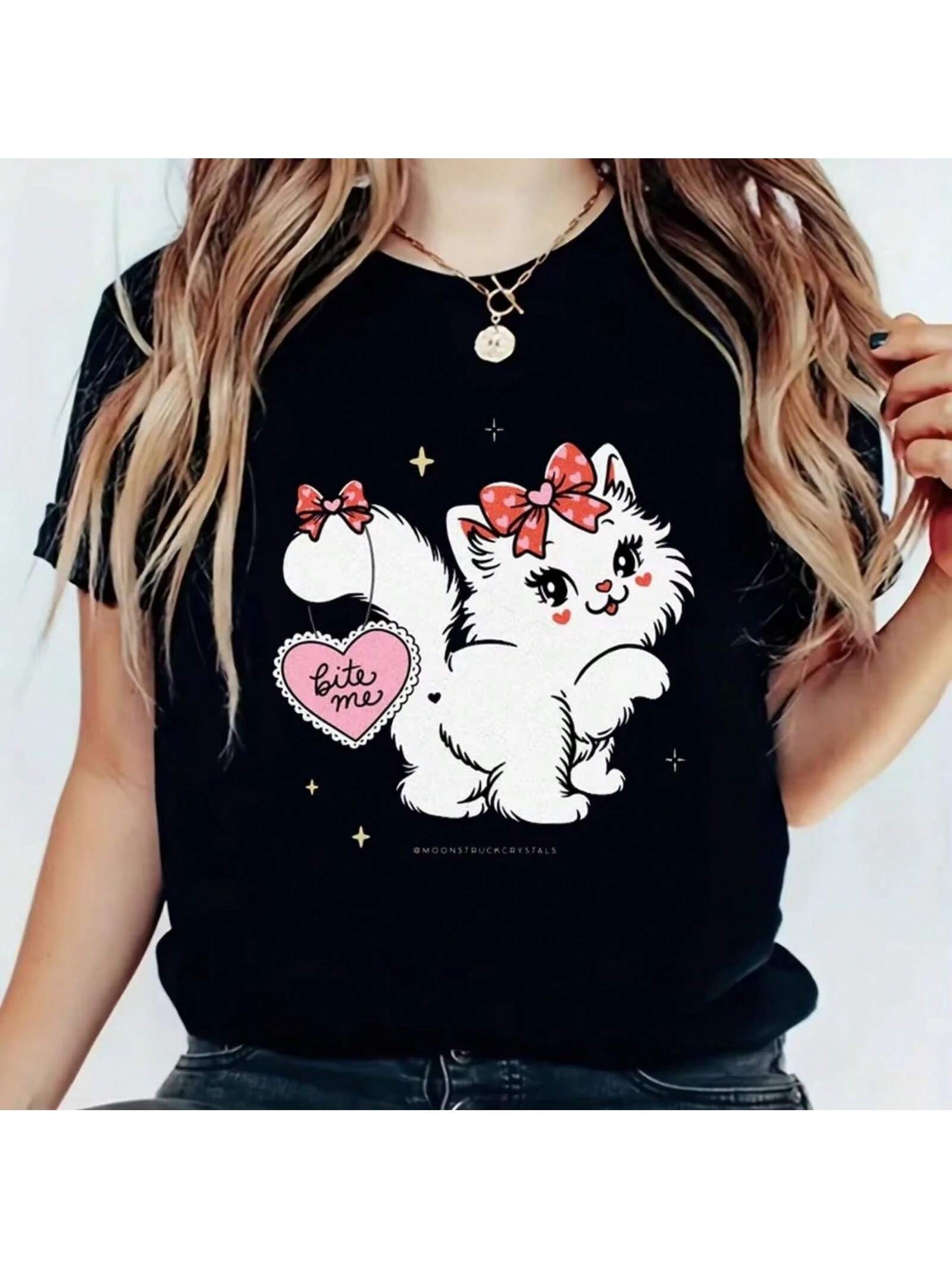 Kawaii Sweet Style Wounisex s Fashion Cat Pattern T-Shirt Wounisex s Watercolor Print Summer O-Neck Basic Clothing Black T-Shirt. S