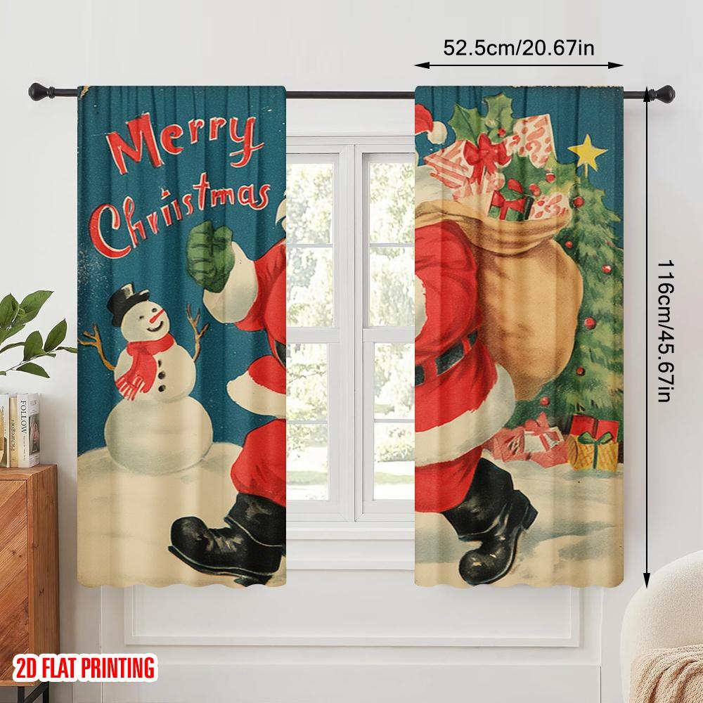 2 Stück, 2D-Flachdruckmuster Vorhänge Vintage Weihnachtsmann mit Schneemann & Baum Polyesterstoff (ohne Stange) Alle Jahreszeiten