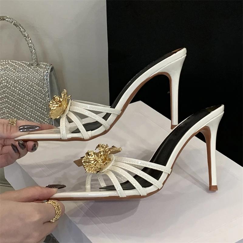 Fashion Eilyken Summer Design Metal Flower Narrow Band Pointed Toe Women Slippers Thin Heels Party Prom Slide Shoes Zapatillas De Mujer