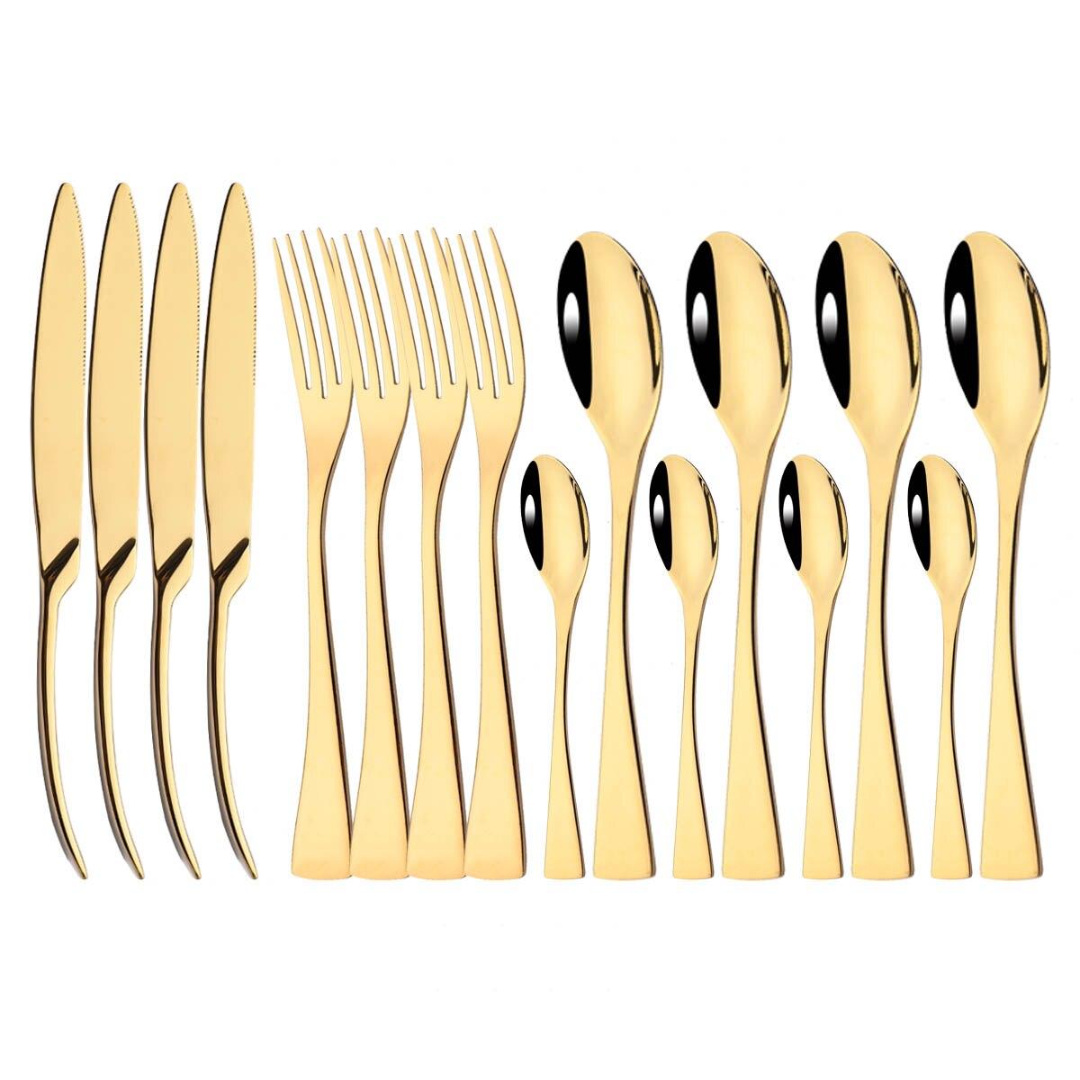 

16 шт., зеркальная черная посуда, набор столовых приборов из нержавеющей стали 18/10, кухонные ножи, вилки, ложки, роскошный набор столовой посуды для свадьбы золотой