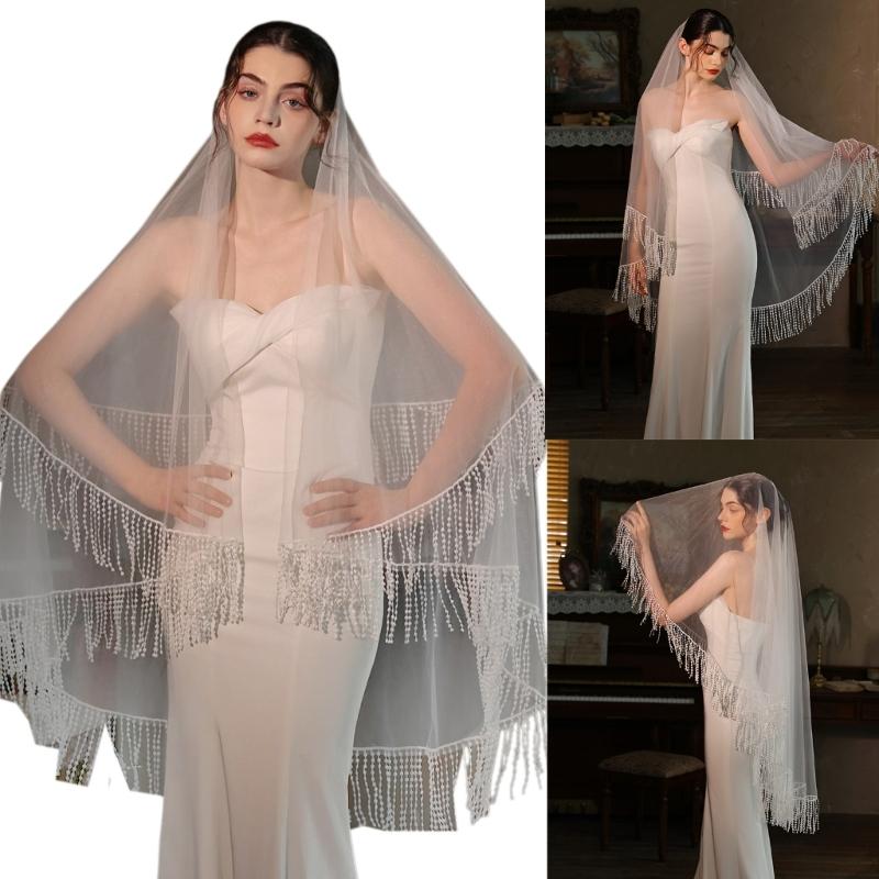 Classical White Wedding Veils Double Layer Tulle Headpiece With Flowing Fringe Design For Bridal Photoshoots Reception