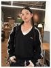 Early Autumn Retro V-Neck Black Hoodie with Bow and Three Stripes