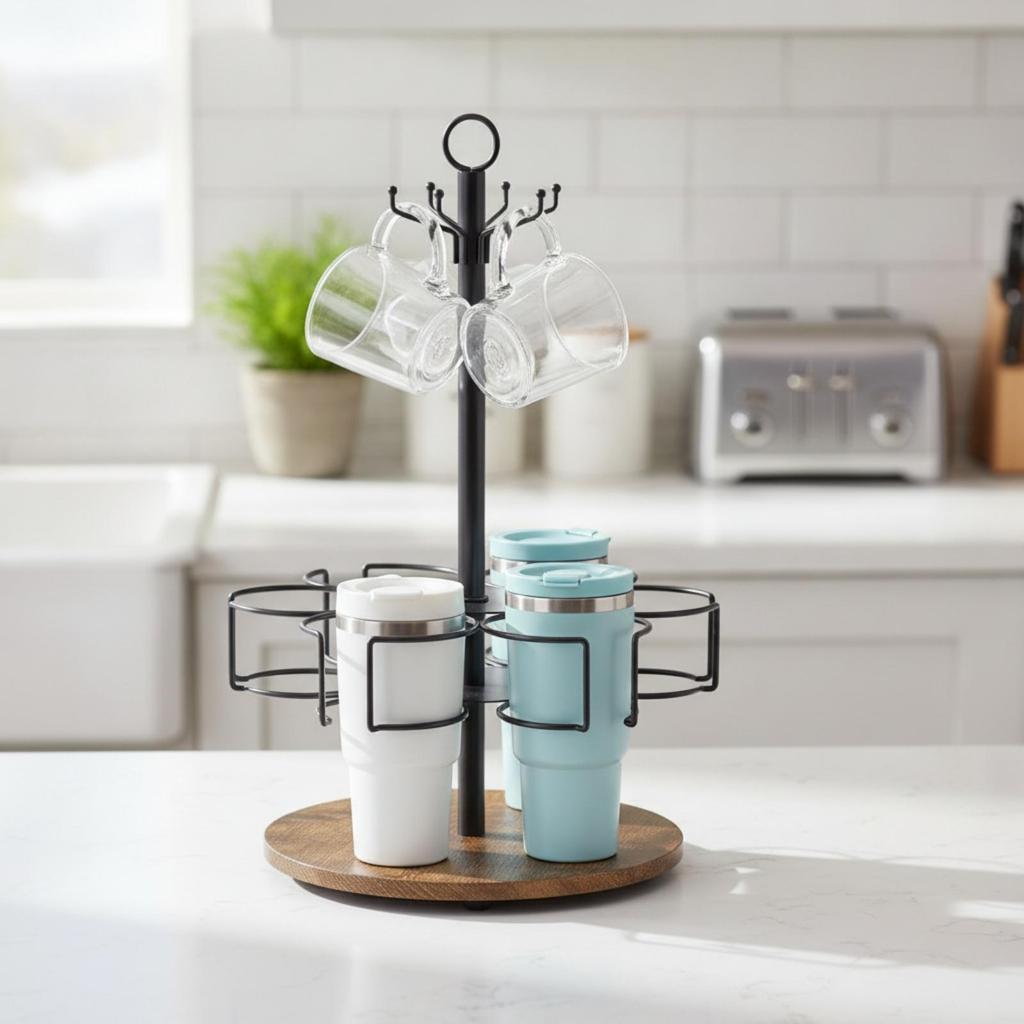 Cup Holder Rack with Wooden Base Modern Rotating Stand Turnable for Pantry