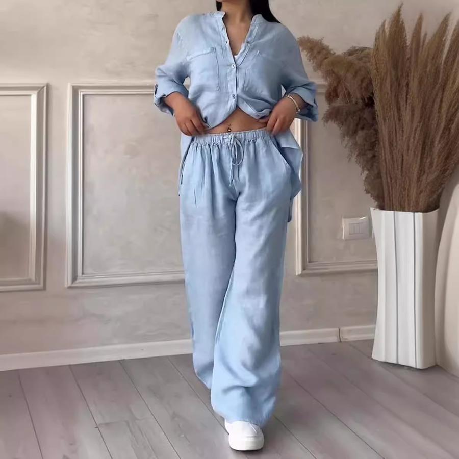 New Women's Solid Color One-Button Long Sleeve Shirt Two-Piece Set Wide Leg Pants with Tie Waist Trousers for Women