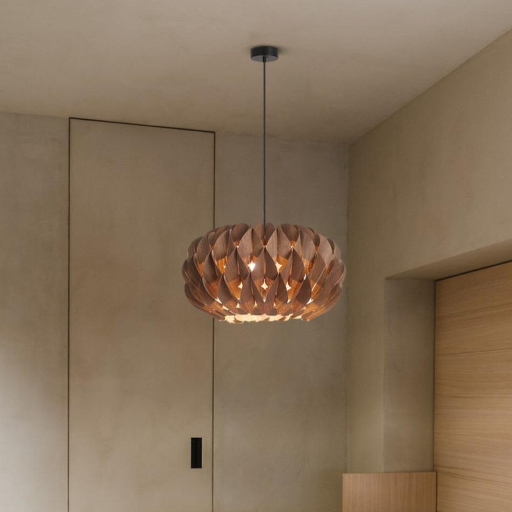 40CM Handmade Bloom Lampshade Rosewood Wood Lamp Shade for E27 Pendant Light Fixtures Rustic Light Lamp Covers for Living Room