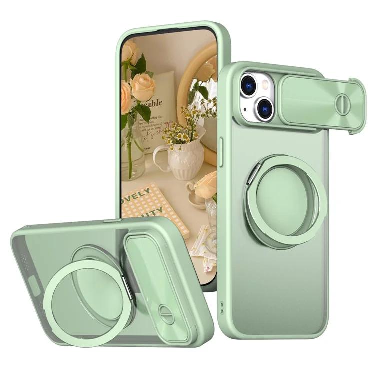 

For iPhone 14 Plus / 15 Plus Case Sliding Lens Cover Hard PC Kickstand Phone Shell Compatible with MagSafe - Light Green