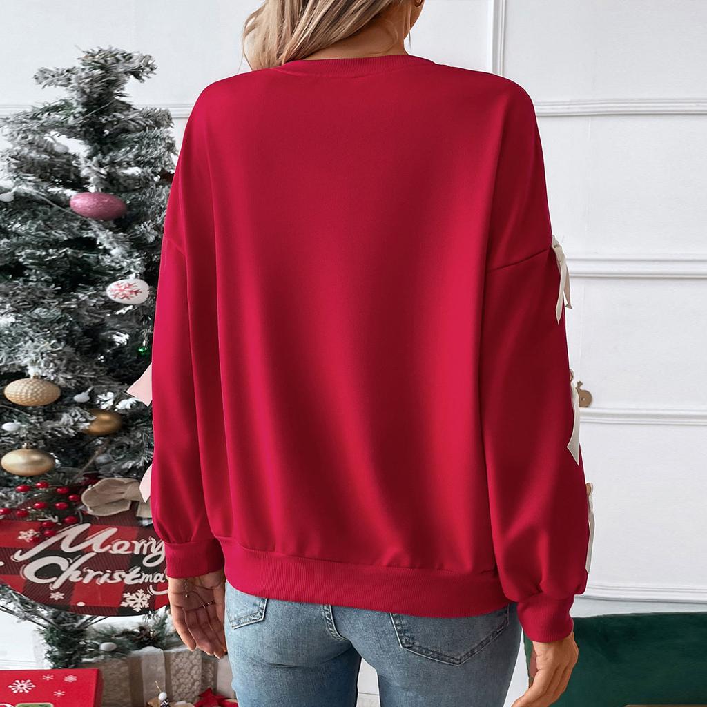 Pulover de Crăciun roșu pentru femei, modă, casual, stil dulce, larg, cu gât rotund și fundă