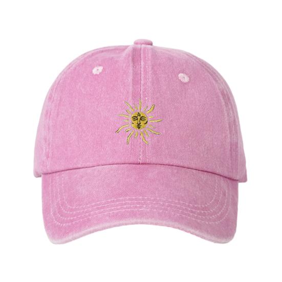 Embroidery Sun Pattern Baseball Hat, Adjustable Back Buckle Retro Distressed Style Baseball Cap, Washed Cotton Fabric Outdoor Sunshade Cap