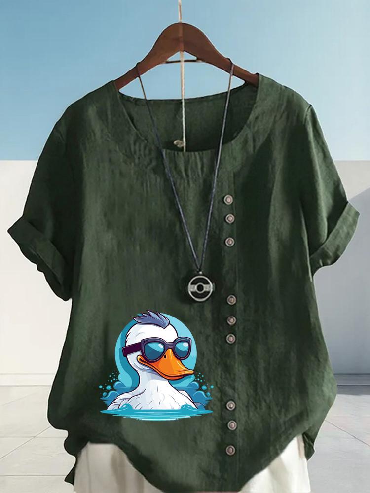 Women's Fashion Cool White Duck Print Casual Cotton Linen Short Sleeve Round Neck T-shirt Shirt Leisure Loose Summer Blouse Tops