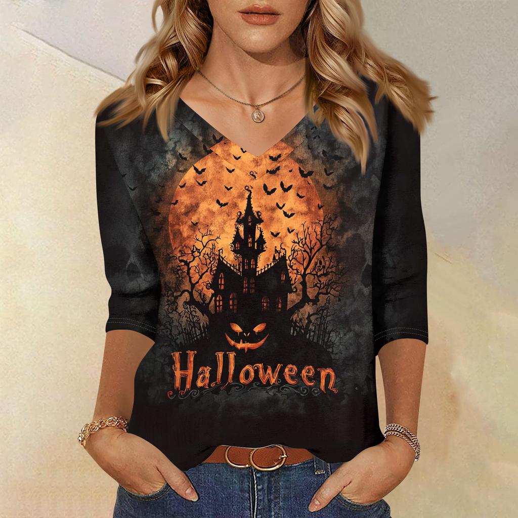 Women's Halloween Print V Neck Top 3/4 Sleeve Casual Shirt Lightweight Comfortable Fit Suitable for Seasonal Wear