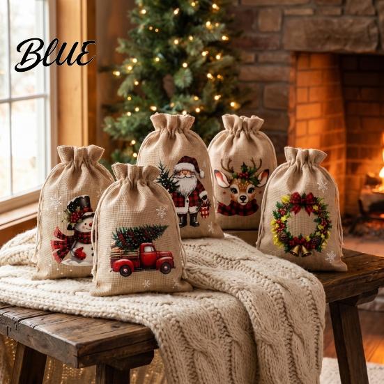 Holiday Treat Bags for Kids Christmas Drawstring Bags, Small Festive Prints Burlap Pouches Seasonal Gift Wrapping Supplies Candy Jewelry And
