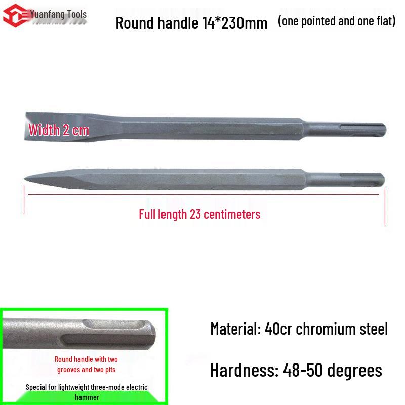Electric Hammer Drill Set: Square/Round Shank with Pointed, Flat, U-shaped Chisels, Pick Head, Shovel, and Slotting Through-wall Drill.