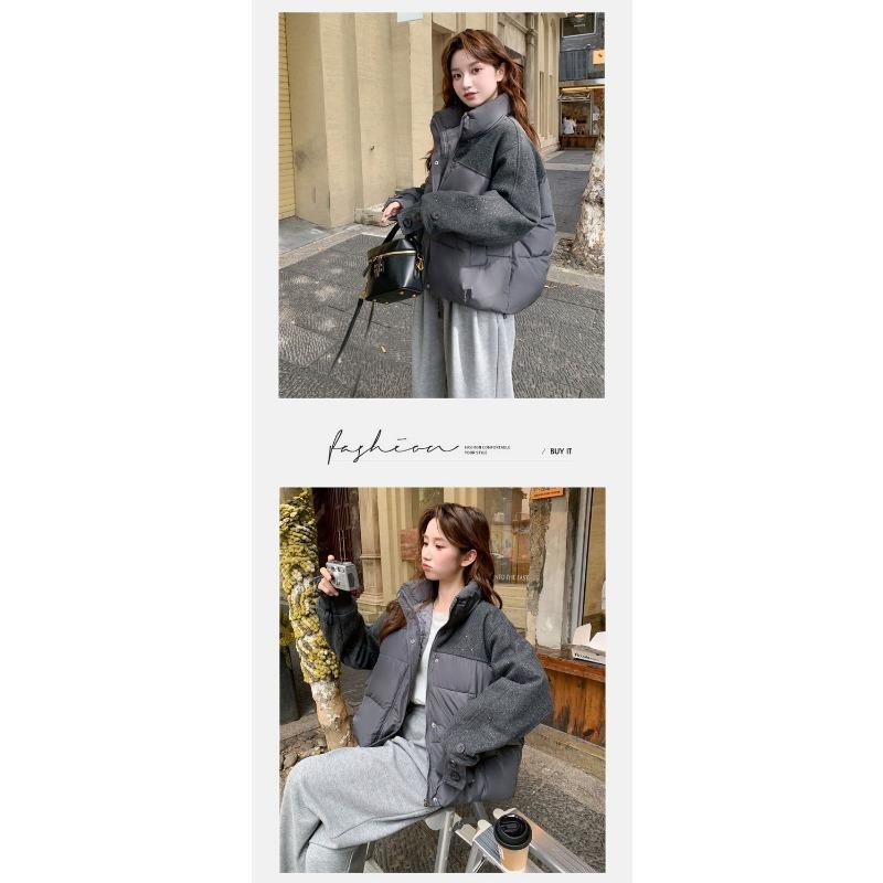 Women Stand Collar Short Spliced Windproof Padded Coat Warm Winter Casual Outerwear
