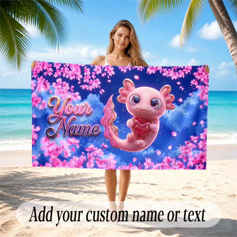 Axolotl Theme Quick Dry Beach Towel Custom Name Text Print Large Sand Resistant Towel Beach Vacation