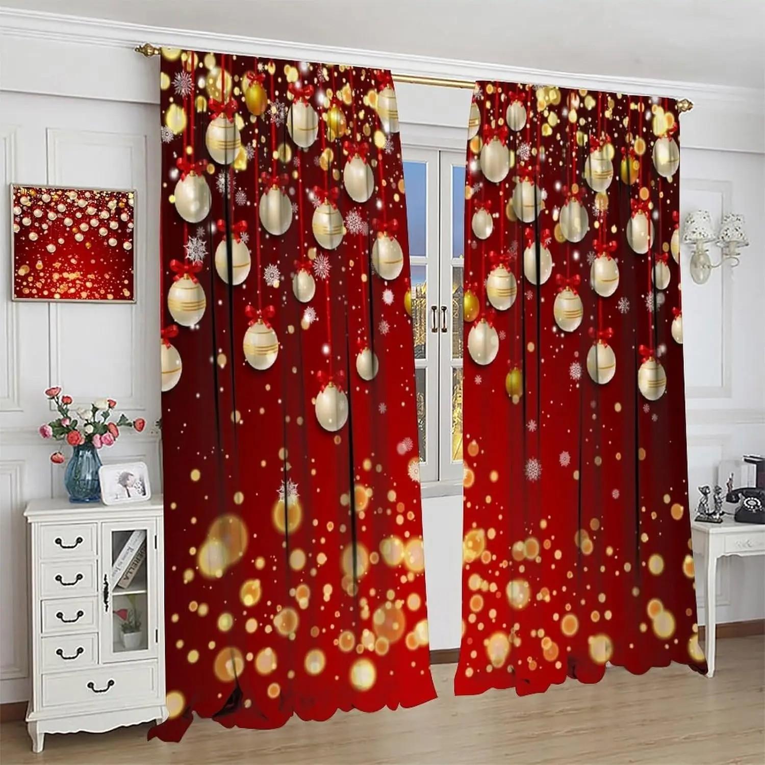 

Jit Glittering Ornaments Curtains Xmas Window Decor Holiday Home Curtain Light Blocking Set Of 2 Made Polyester With Rod Pocket W100*H70(CM)-Grommet top&2PCS