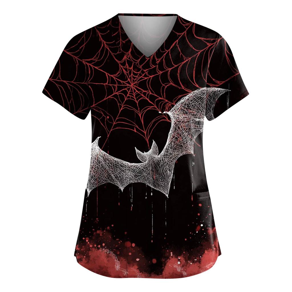Moda Femenina Monos de Manga Corta con Cuello en V con Bolsillos Tops Estampados de Halloween Ropa