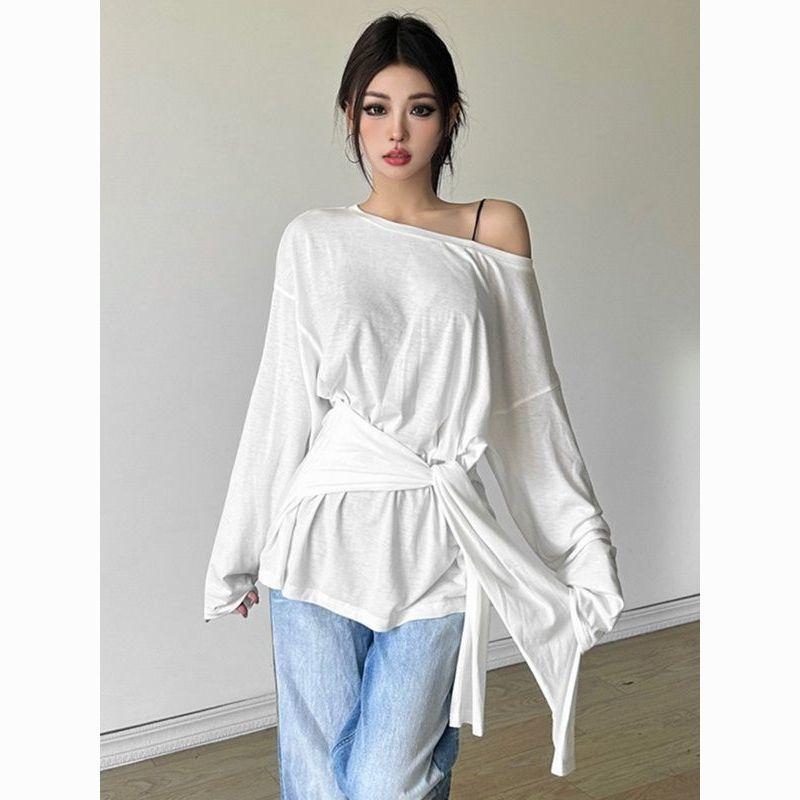 Sexy Thin See-through Long-sleeved Oversized T-shirt Women's Bandage Off The Shoulder Top Women's Basic Long T-shirt