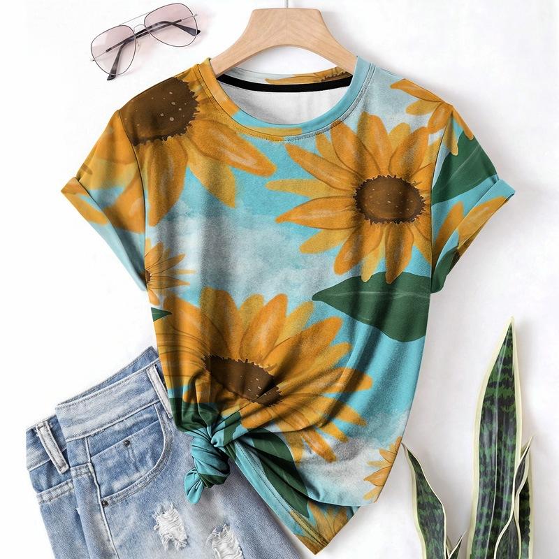 Fashion Women's Crew Neck Short Sleeve 3D Floral Color Printing Floral Short Sleeve Crew Neck T-Shirt