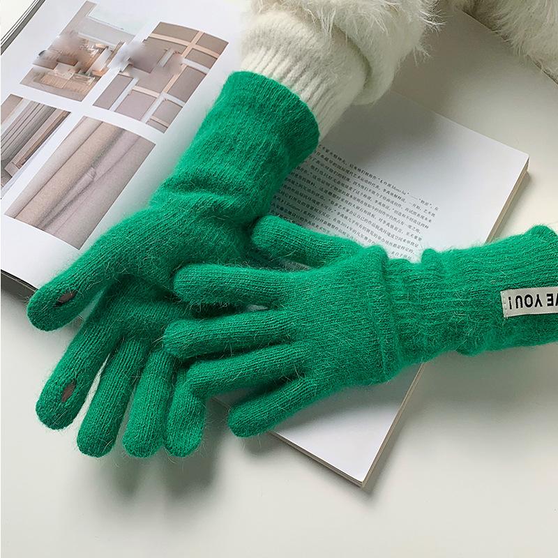 Dopamine dew finger gloves women's warm and cold-proof long winter solid color blended knitted five fingers