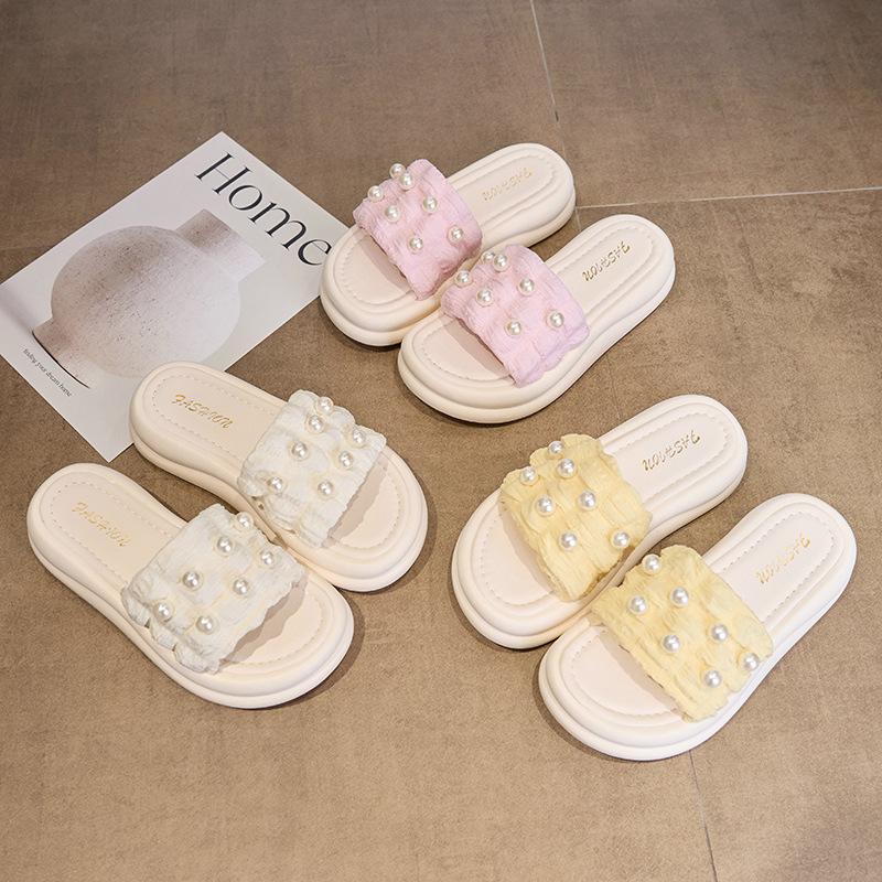 Pearl Muffin Platform Slippers Women's Summer Wear 2025 New Versatile One-word Seaside Vacation Beach Cool Slippers