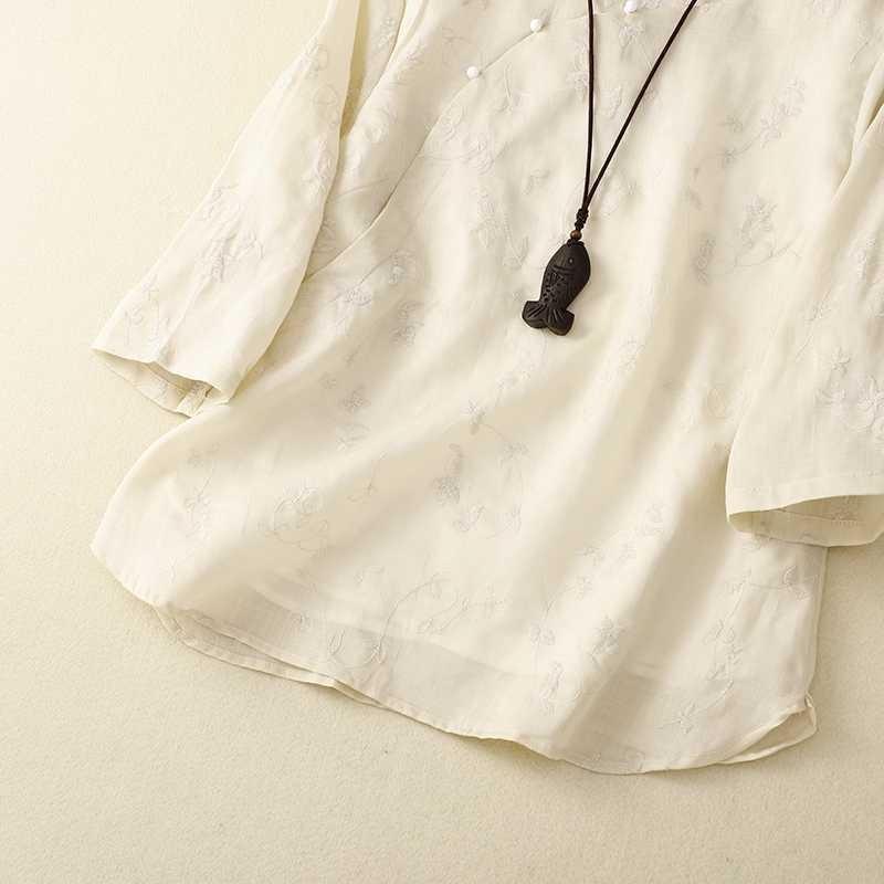 Embroidered Round Neck Shirt Cotton Linen Women's Loose Top