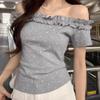Summer New Style Pure Desire Design Ruffled Polka Dot Short-Sleeve T-Shirt for Women, Off-Shoulder Niche Slim-Fit Flattering Top