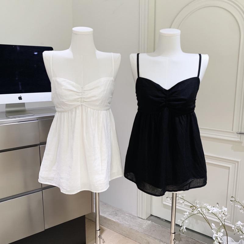 Momo Nuo Nuo Черно-белый Хлопко-льняной Утягивающий Двухслойный Летний Топ-майка Small белый