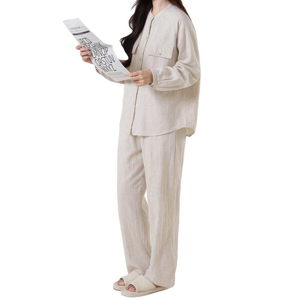Yes Family Double Gauze Pajama Long Front Size Beige Women's Set, 100% Cotton, Sleeves, Opening, Loungewear, L,