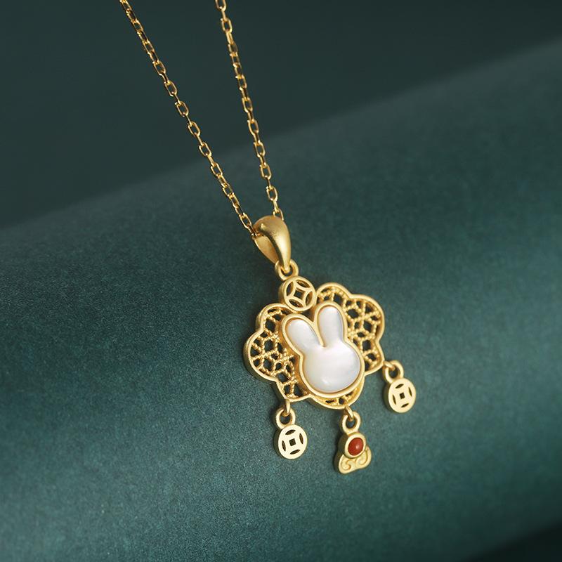 Yue Xin S925 Sterling Silver Longevity Lock Necklace Female Ethnic Shell Rabbit Ruyi Lock Chalcedony Children's Pendant